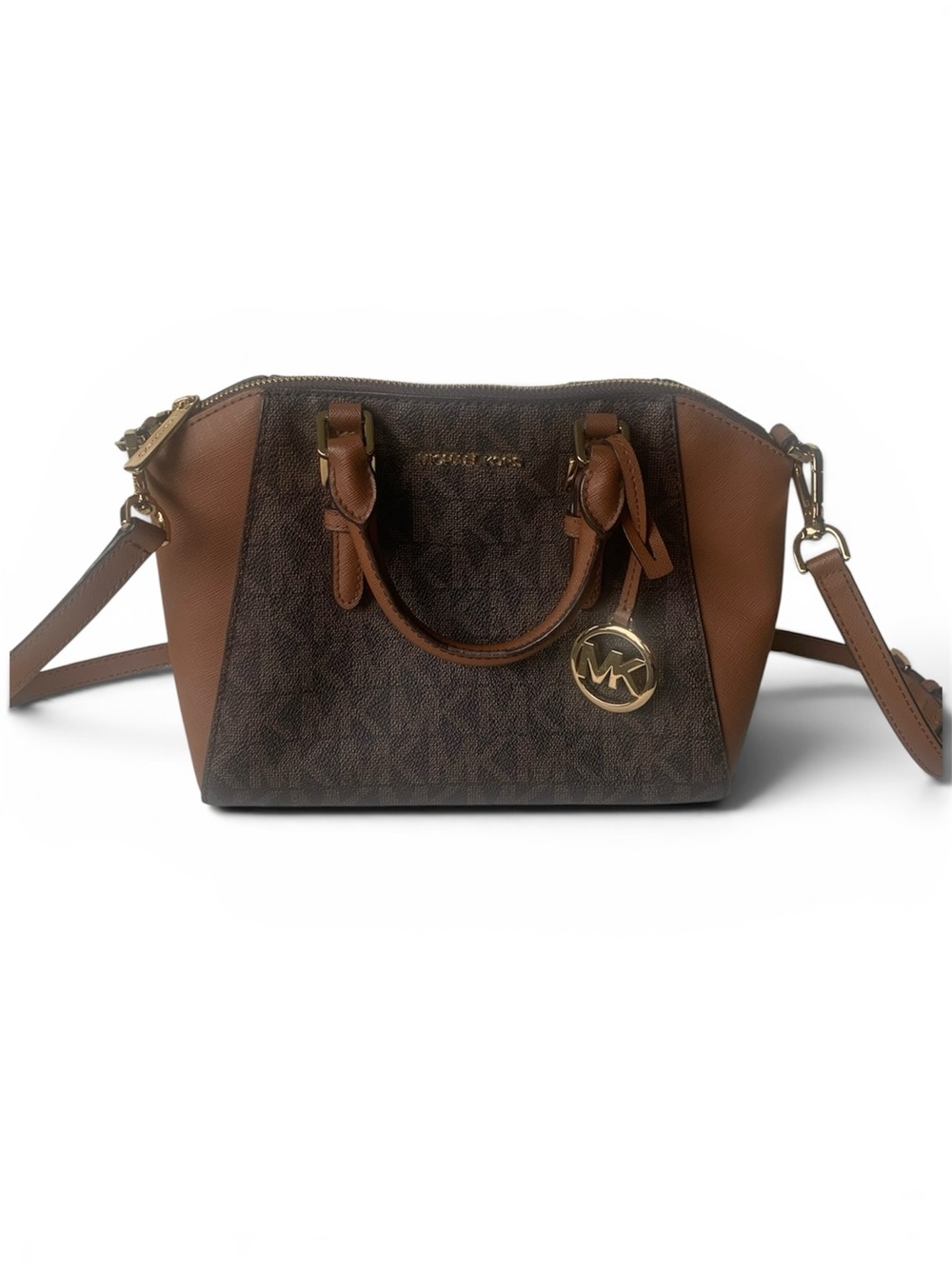 Michael Kors Ciara Brown Monogram Satchel with Tan Leather Accents